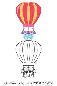 Hot air balloon cute vector illustration cartoon isolated on white background. Hot air balloon vector colored and colorless. Cute coloring page for kids. 
