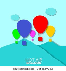 Hot Air Balloon Day event banner. Illustration of several hot air balloons in the sky above the mountains to celebrate on June 5th