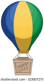 Hot air balloon delivery, with a box and sign made in Chad, with flag colors, vector illustration