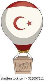 Hot air balloon delivery, with a box and sign made in Cyprus, with flag colors, vector illustration