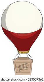 Hot air balloon delivery, with a box and sign made in Poland, with flag colors, vector illustration