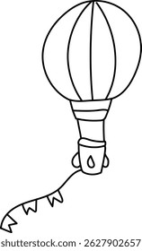 O balão de ar quente é retratado em um estilo de arte de linha desenhada à mão com uma bunting atrás.  Este aparelho aerotransportado flutua graciosamente acima do solo com uma bandeira festiva. Ilustração de vetor de desenhos animados