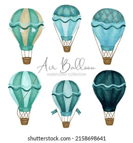 Hot air balloon designs in various watercolor styles for graphic designers to use for web sites, invitation cards, weddings, congratulations, birthdays, celebrations, fabric printing and publications