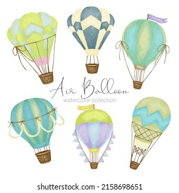 Hot air balloon designs in various watercolor styles for graphic designers to use for web sites, invitation cards, weddings, congratulations, birthdays, celebrations, fabric printing and publications