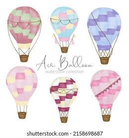 Hot air balloon designs in various watercolor styles for graphic designers to use for web sites, invitation cards, weddings, congratulations, birthdays, celebrations, fabric printing and publications