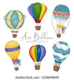 Hot air balloon designs in various watercolor styles for graphic designers to use for web sites, invitation cards, weddings, congratulations, birthdays, celebrations, fabric printing and publications