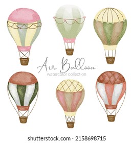 Hot air balloon designs in various watercolor styles for graphic designers to use for web sites, invitation cards, weddings, congratulations, birthdays, celebrations, fabric printing and publications