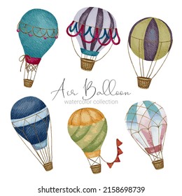 Hot air balloon designs in various watercolor styles for graphic designers to use for web sites, invitation cards, weddings, congratulations, birthdays, celebrations, fabric printing and publications