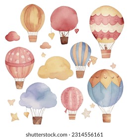 Hot air balloon designs in various watercolor styles for graphic designers to use for web sites invitation cards weddings congratulations birthdays celebrations fabric printing and publications