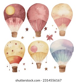 Hot air balloon designs in various watercolor styles for graphic designers to use for web sites invitation cards weddings congratulations birthdays celebrations fabric printing and publications