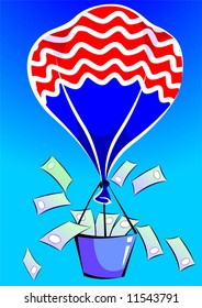 hot air balloon in air with dollar basket	