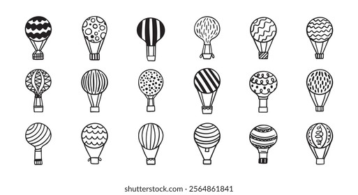 Hot air balloon doodle set. Hand drawn Hot air balloons line vector illustration. Vector illustration