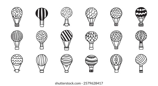 Hot air balloon doodle set. Hand drawn Hot air balloons line vector illustration. Vector illustration