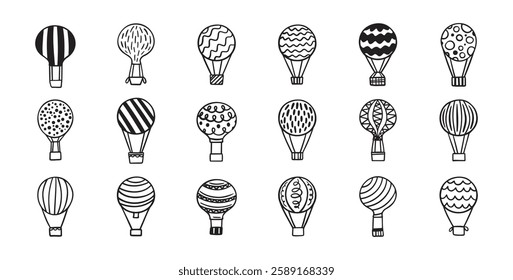 Hot air balloon doodle set. Hand drawn Hot air balloons line vector illustration. Vector illustration