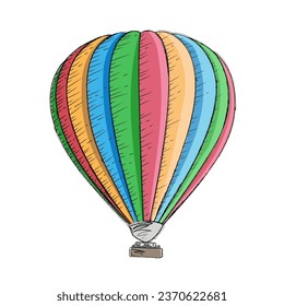 Ilustración vectorial de dibujo de globo aerostático. Imagen de material de paracaídas de rayas gráficas aisladas de aviones coloridos. Esbozo de lápiz de Crayon. Balón colorido