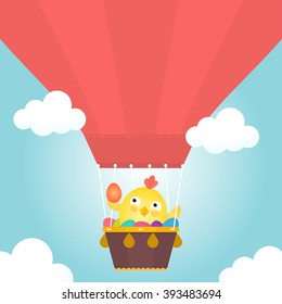 Hot air balloon with easter eggs and cute chik. Happy Easter vector