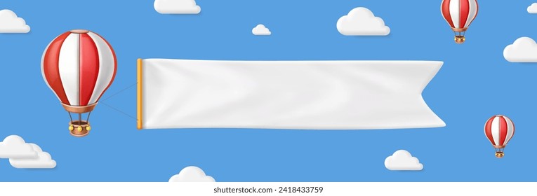 Globo de aire caliente con banner blanco vacío en el cielo con fondo de nube. Globo aerostático, cinta en banner horizontal, Lugar para texto. 3.ᵉʳ vector