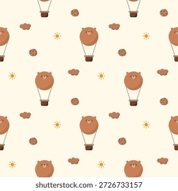 Balão de ar quente cara urso desenho animado tão bonito. No plano de fundo da nuvem de cookies do sol. Ilustração de vetor uniforme de padrão. 