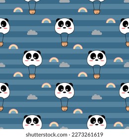 Hot air balloon face panda cartoon so cute. On cloud rainbow and blue background. Pattern seamless vector illustration.
