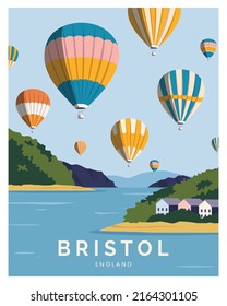 hot air balloon festival in bristol england vector illustration background for poster, poscard, art print with minimalist style.