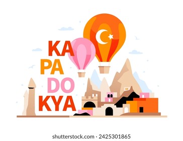 Hot Air Balloon Festival in Cappadocia - colored vector illustration with Valley of the Witch Trumpets. Entertainment for tourists, semi-desert mountain region in central Turkey. Summer vacation idea