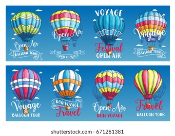 Hot air balloon festival or entertainment travel voyage banners for tourism agency or vacation tour holidays. Vector balloons sketch design with patterns of zig zag, checkered and stripes