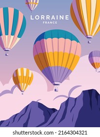 hot air balloon festival in lorraine france. travel landscape illustration background for poster, postcard, art print.