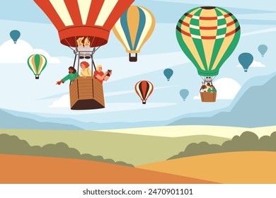 Hot air balloon festival in the summer sky. Vector flat style illustration of people flying, observing fields, and mountains from the basket, depicting fun and vacation vibes.