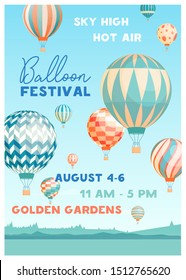 Hot air balloon festival vector poster template. Summer event promotion decorated with flying balloons in sky on picturesque scenery. Seasonal outdoor fest invitation flyer, advertising design.