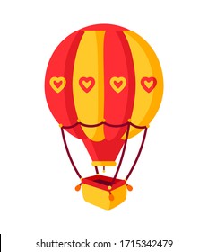 Hot air balloon flat. Cartoon design air balloon, with red and yellow stripes. Summer journey by air transport. Amusement park festivals outdoor kid fun time. Vector Isolated illustration