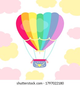 Hot air balloon flat design. Colored heart shaped, rainbow. Cartoon Valentine day or birthday, design air balloon. Festival, summer wedding journey air transport for kids. Vector Isolated illustration