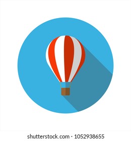 hot air balloon flat icon with long shadow on blue circle background , vector illustration , eps10
