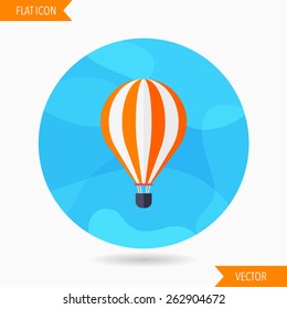 hot air balloon flat icon with long shadow on blue circle background , vector illustration , eps10