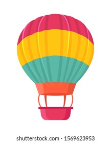Hot air balloon flat vector illustration. Old fashioned aircraft with basket and sand bags. Vintage flying transportation isolated on white background. Balloon festival decorative symbol