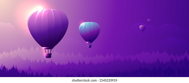 The hot air balloon flies through the beautiful valley. Festival illustration of evening landscape.