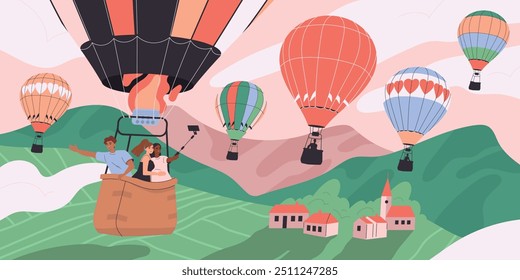 Hot air balloon flight. Banner with people soaring and flying in basket in sky among clouds and mountains. Tourists travel on aerial ballon and observe natural landscapes. Flat vector illustration