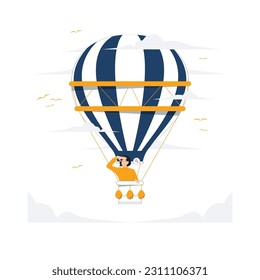 Hot air balloon flight floating over a scenic landscape. Happy woman soaring, flying in basket in sky among clouds. searching for employees finding work or vacancy concept illustration