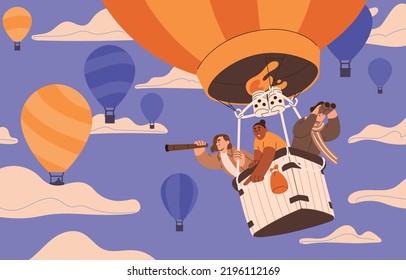 Vuelo en globo aerostático. Gente feliz se pone por las nubes volando en una canasta en el cielo. Turistas con telescopio flotando durante viajes aéreos de globo, festival en vacaciones de verano. Ilustración vectorial plana.
