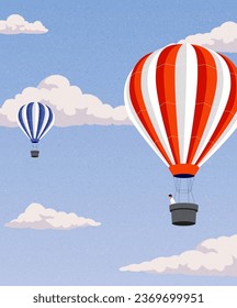 Hot air balloon flight. Happy man soaring, Flying in sky among clouds. Festival on summer holiday. Modern template. Banner, leaflet, poster. Trendy hand drawn style. Flat design vector illustration.