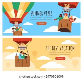 Hot air balloon flight with happy people soaring in sky among clouds flat vector illustration. Flyers template advertising design set. Tourism, summer vibes, best vacation for lovers