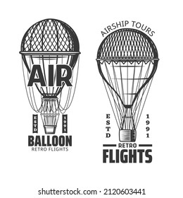 Hot air balloon flight icons of air travel vector design. Vintage hot air balloons or airships with baskets, aerostat envelopes and cables, retro aircraft isolated symbol of hot air ballooning