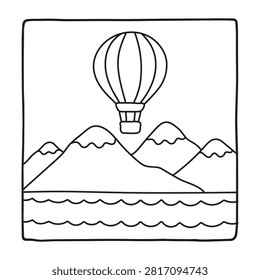 Hot air balloon floating above mountain peaks and calm water in a peaceful scenic coloring page
