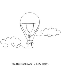 Hot air balloon floating among clouds in continuous line art style. Simple vector illustration