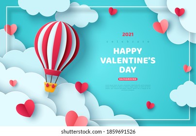 Hot air balloon floating in blue sky and paper cut clouds. Romantic adventure for honeymoon or wedding invitation design. Place for text. Happy Valentines day sale brochure template with cute hearts.