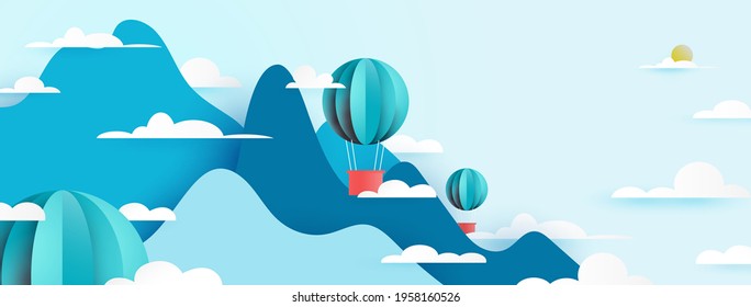 Hot air balloon floating on Mountains view nature landscape scenery banner background paper art style.Vector illustration.