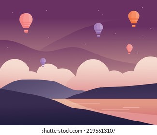 A hot air balloon floats in the dark purple sky. Below you can see the shadows of rivers and mountains. flat design style vector illustration.