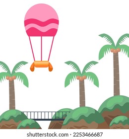 hot air balloon fly with hill scenery panorama landscape nature whimsical children illustration