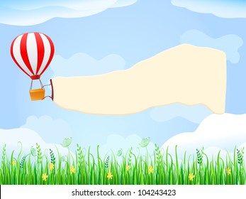 Hot Air Balloon flying in Blue Sky with Banner Copy Space