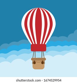 Hot air balloon flying in the clouds. Cartoon vector illustration.