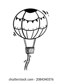 Hot air balloon flying with dream stairs cartoon vector illustration in black and white engraved style